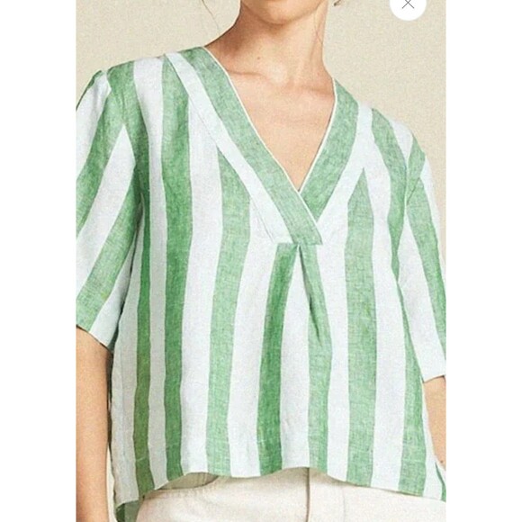 Birds Of Paradise By Trovata Neve Shirt Aloe Stripe Sz M Linen Camp Lagenlook - Picture 1 of 8